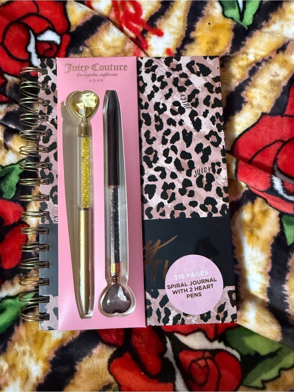 Juicy Couture Pink and Gold Leopard Spiral Notebook with Heart Pens